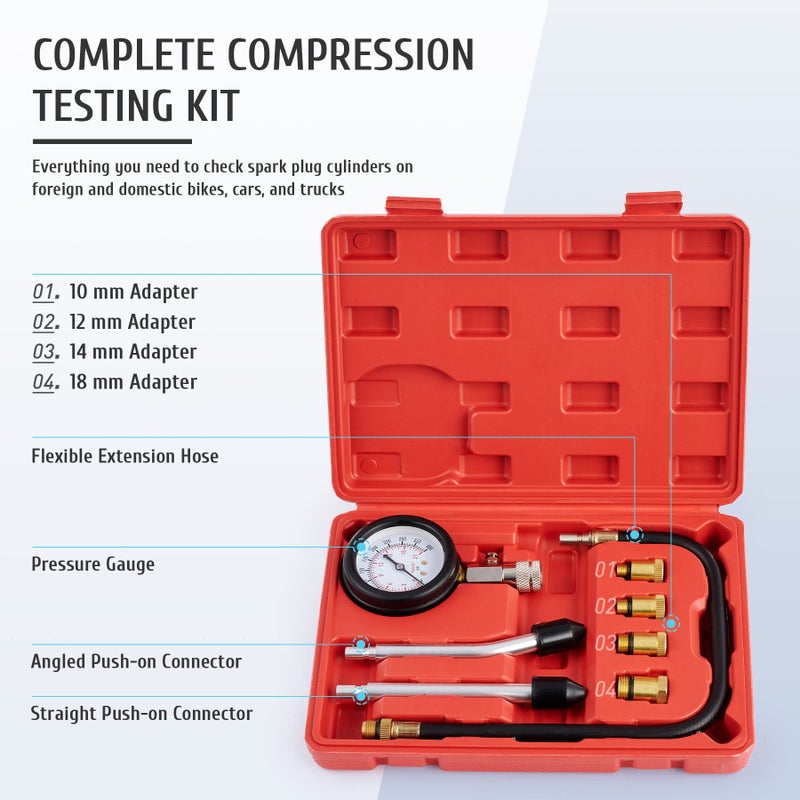 Orion Motor Tech Compression Tester  8PCS Engine Cylinder Pressure Gauge for Petrol Gas Engine  0-300PSI Engine Compression Tester Automotive with Adapters for Cars Trucks Motorcycles Marines ATV UTV - Image 2